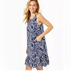 Lilly Pulitzer Kristen Flounce Dress SZ L Krillin It Coastal Oyster Blue EUC
